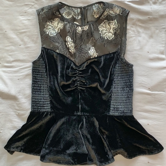 REBECCA TAYLOR Black Stretch Velvet Peplum Top Silk Silver Metallic Floral M 6 - Picture 5 of 10